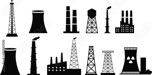 Industrial power plant and factory silhouettes set featuring oil rigs smokestacks cooling towers energy infrastructure icons isolated vector illustration for modern industry