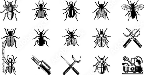 Essential pest control icon set featuring common household insects and rodents along with professional extermination tools 