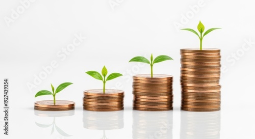 Plants growing from stacks of coins representing financial growth and investment