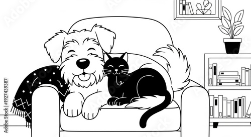oyful dog and cat relaxing together at home