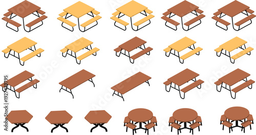 Isometric picnic table and bench illustration set showing outdoor park furniture wooden tables seating elements vector design collection