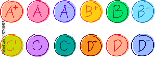 Colorful school grade badges set A+ to D- education rating vector icons