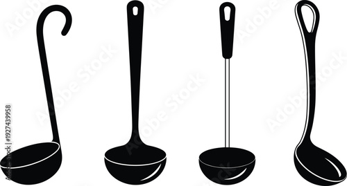 Kitchen ladle silhouettes set black and white vector illustration cooking utensil spoon collection minimal flat design isolated on white background