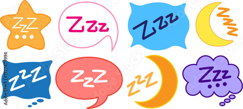 Colorful sleep icons set with ZZZ text in speech bubbles and moon shapes