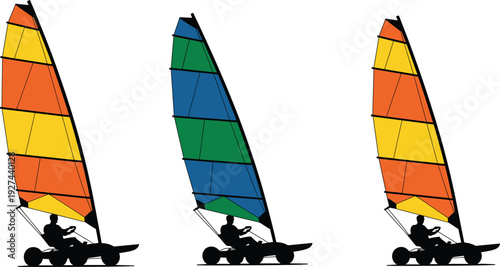 Land sailing buggy silhouettes with colorful sails showing beach wind sport outdoor adventure leisure recreation summer activity vector