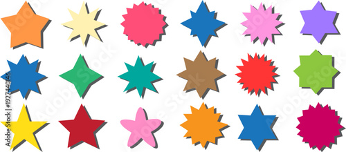 Colorful starburst shapes collection flat vector illustration set, comic explosion badge design