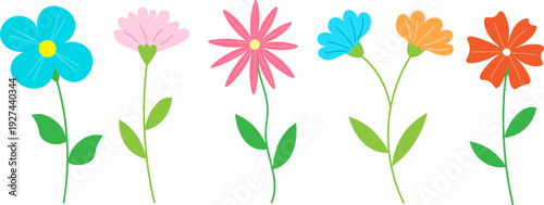 Cute colorful flower vector set, simple flat floral illustrations with leaves and stems