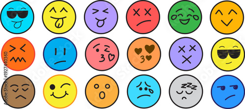 Cute emoji face icon set vector collection, colorful round emoticons with different expressions, happy sad angry love sleepy wink faces
