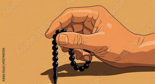 muslim hand holding black prayer beads tasbih for religious devotion and spiritual contemplation a symbol of faith.