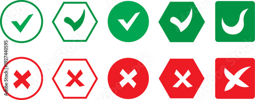 Green check mark and red cross vector icon set collection, approval and cancel symbols in circle hexagon square shapes