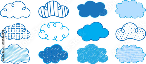 Hand drawn blue cloud collection vector set with different patterns, outline and filled doodle style clouds, striped, dotted and textured designs isolated