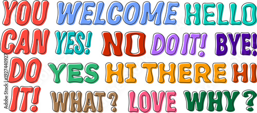 Hand drawn colorful lettering phrases vector illustration set doodle typography collection