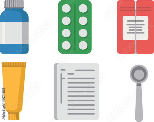 Medical supplies illustration set featuring medicine bottle pills blister pack ointment prescription paper and spoon isolated on white background flat vector style