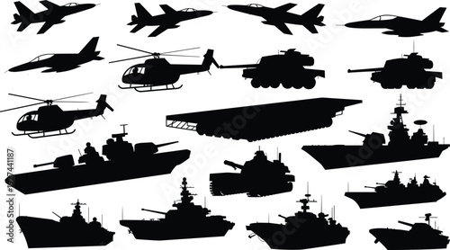 Military vehicles silhouettes set featuring fighter jets helicopters tanks warships aircraft carrier modern army navy air force icons vector