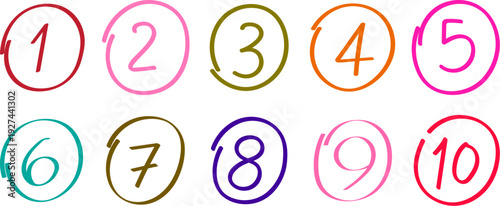 Hand drawn numbers 1 to 10 in colorful circles vector illustration set doodle style