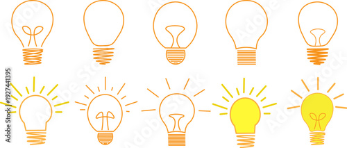 Light bulb vector icon set collection, colorful idea lamp symbols with glowing rays for innovation concept design