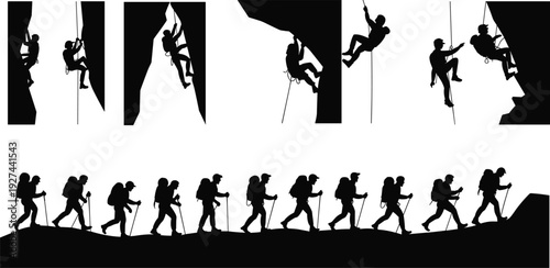 Mountain climbing and hiking silhouettes set black vector illustration adventure outdoor sport people rope trekking poses isolated