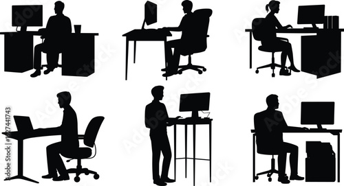 Office worker silhouettes set showing men and women working at desks computers modern workplace business people icons isolated vector