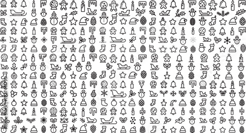 Christmas icons and symbols in black and white for holiday designs and decorations