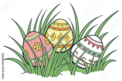 Three Decorated Easter Eggs Hidden in Green Grass.