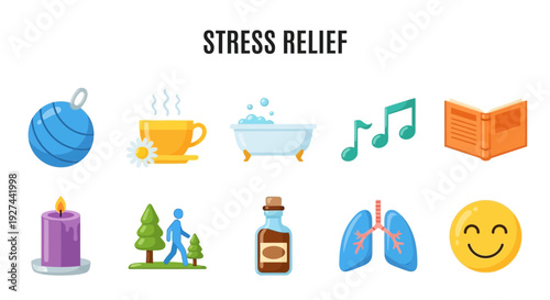 Icons representing stress relief activities displayed in two rows