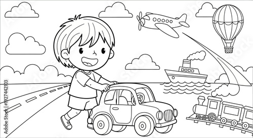 Boy pushing a toy car outside.