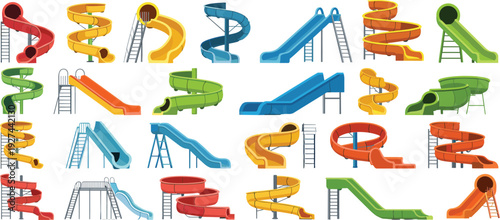 Playground slides collection set colorful vector illustration kids outdoor park equipment spiral straight slides fun play designs isolated