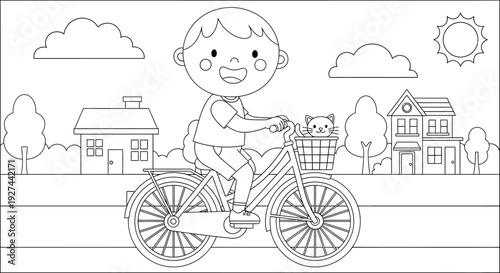 Smiling child riding bicycle with cat.