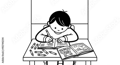 Young boy drawing with colored pencils.