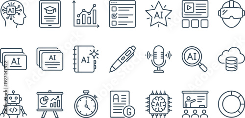 Collection of minimalist line icons representing various artificial intelligence and machine learning concepts clearly.
