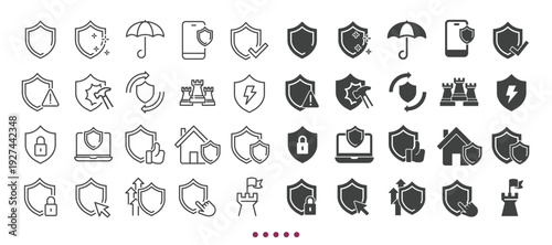 Shield icons collection. Multi series icons. Line and glyph solid web icons collection