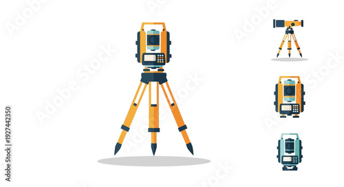 Professional Surveying Instruments Vector Set: Total Station, Theodolite, and Tripod in Modern Flat Design for Engineering & Land Measurement