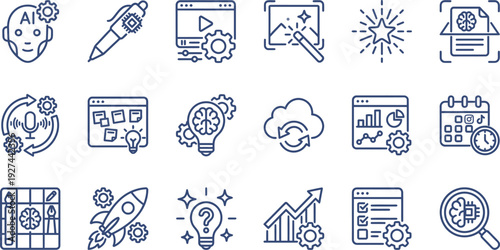Linear icons representing artificial intelligence, creative development, data analysis, and business strategy concepts.