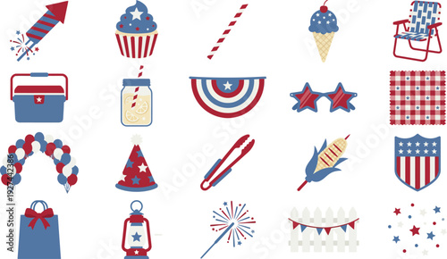 Assortment of patriotic red, white, and blue celebration elements for American holidays.