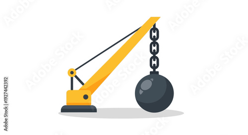 Wrecking Ball Demolition Crane Flat Design Icon. Heavy Construction Equipment for Building Destruction and Renovation Projects