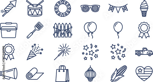 Collection of celebratory icons representing American holidays, parties, and outdoor gatherings