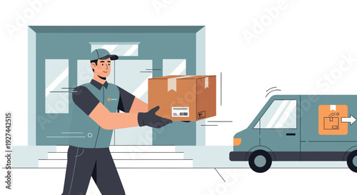 Delivery man carrying brown package box.