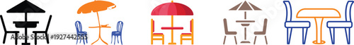 Patio Chair and Table Icon set Collection Group, Outdoor Garden Furniture with Modern Minimal Design, Editable Outline Symbol for Terrace Balcony Deck Backyard Cafe Restaurant Use.