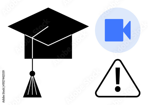 Online learning, virtual graduation, educational technology, e-learning challenges, remote teaching, video communication. Graduation cap, video icon caution symbol. Online learning and virtual