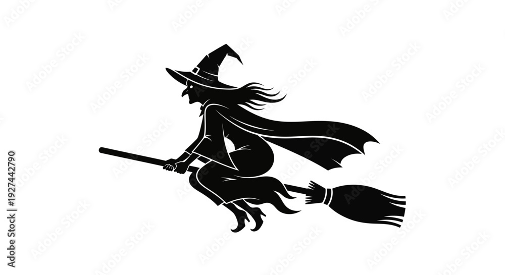 Obraz premium Witch on Broomstick Silhouette Flying.
