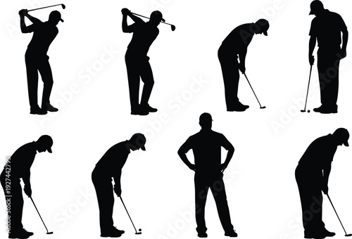Golf Player Silhouette Vector Illustration Set, Collection of Professional Golfers in Various Swing and Putting Poses for Sports and Leisure,
