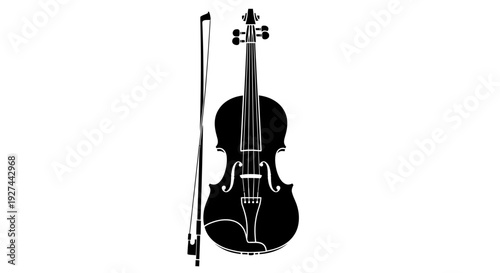 Black violin with bow instrument.