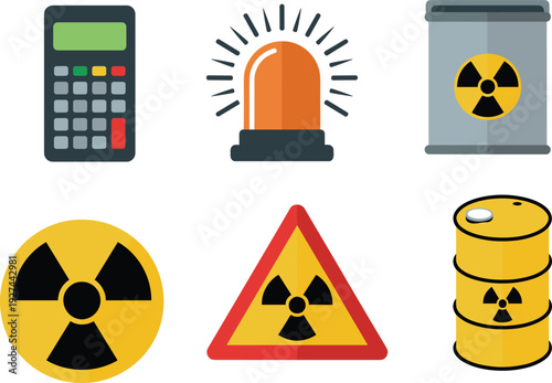 Radioactive hazard warning symbols and nuclear waste barrel vector illustration set with radiation sign container siren and control panel on light background