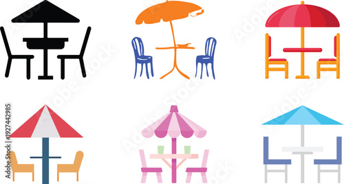 Patio Chair and Table Icon set Collection Group, Outdoor Garden Furniture with Modern Minimal Design, Editable Outline Symbol for Terrace Balcony Deck Backyard Cafe Restaurant Use.