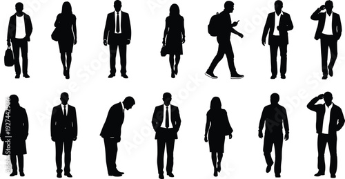 Silhouette Vector of Business Professionals and Commuters, Men and Women in Suits Walking and Standing for Corporate Success and Office Lifestyle,