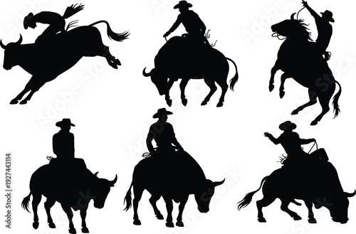 Rodeo bull rider silhouettes set showing cowboy action riding bucking bulls western sport black flat vector illustration collection