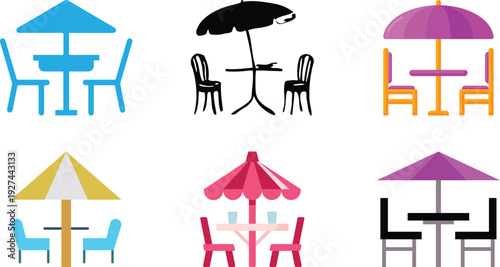Patio Chair and Table Icon set Collection Group, Outdoor Garden Furniture with Modern Minimal Design, Editable Outline Symbol for Terrace Balcony Deck Backyard Cafe Restaurant Use.