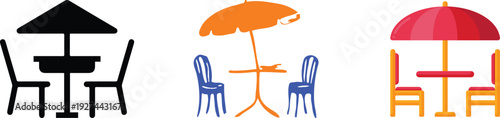 Patio Chair and Table Icon set Collection Group, Outdoor Garden Furniture with Modern Minimal Design, Editable Outline Symbol for Terrace Balcony Deck Backyard Cafe Restaurant Use.