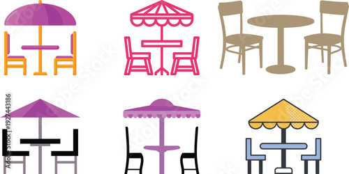 Patio Chair and Table Icon set Collection Group, Outdoor Garden Furniture with Modern Minimal Design, Editable Outline Symbol for Terrace Balcony Deck Backyard Cafe Restaurant Use.