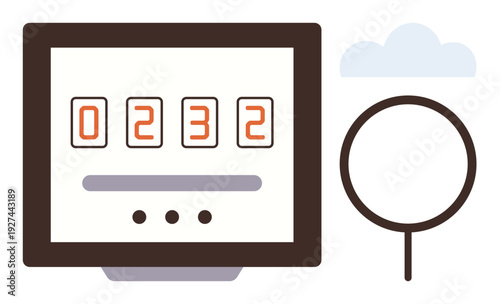 Data analysis, technology interfaces, number tracking, information visualization, digital tools, progress monitoring. Number counter display with magnifying glass and cloud. Data analysis